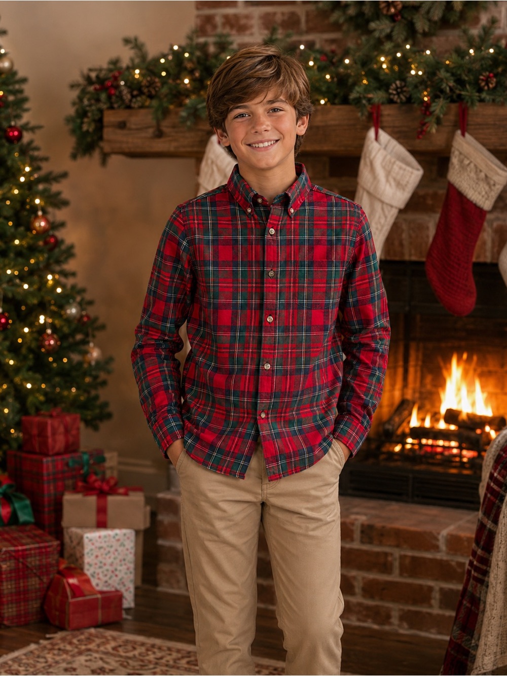 Class Club Boys Red Green Plaid Flannel Shirt Size 10/12 Christmas Holiday